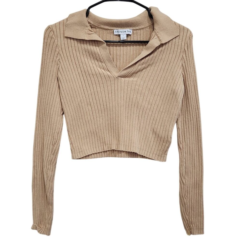 And Now This Ribbed Crop Polo Shirt Pullover Long Sleeve Slim Fit Tan Size Small